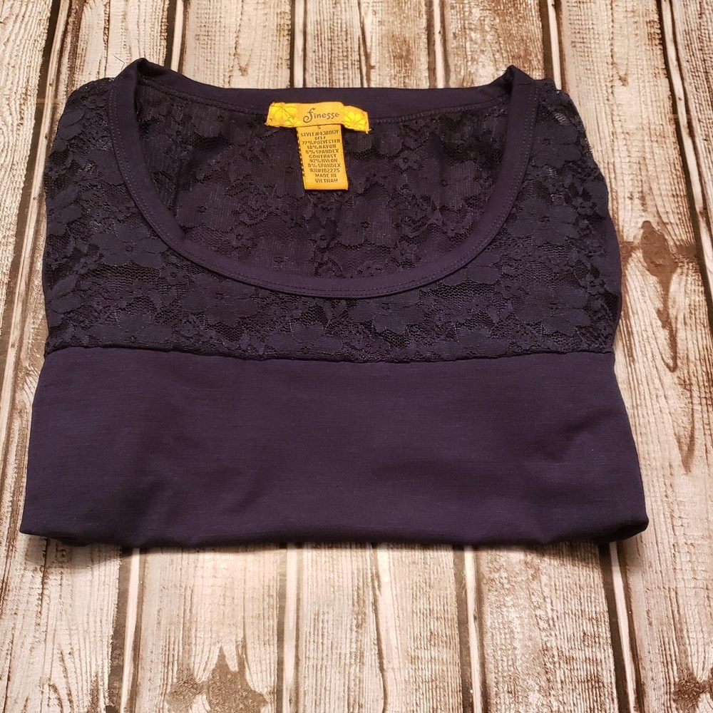 Navy Long Sleeve Semi Lace Top